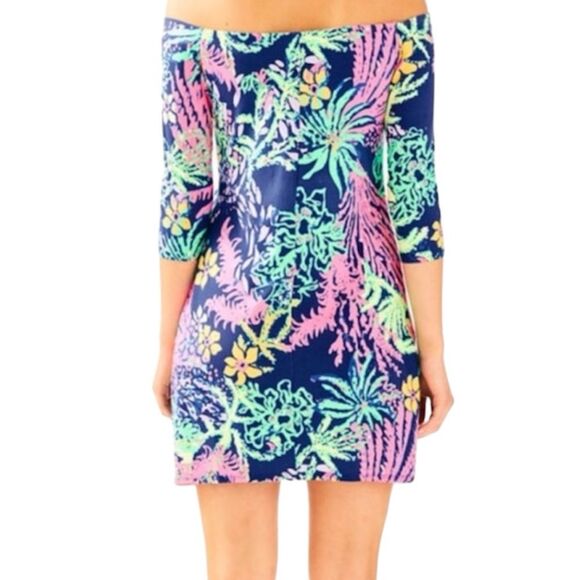 Lilly Pulitzer Indigo All A Glow Tropical Floral Laurana Off The Shoulder Dress - Picture 4 of 13